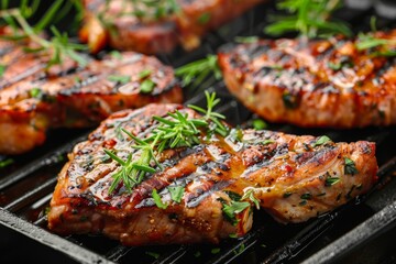 Menu featuring grilled pork steaks and neck seasoned with herbs and spices perfect for cooking at home or following a diet recipe