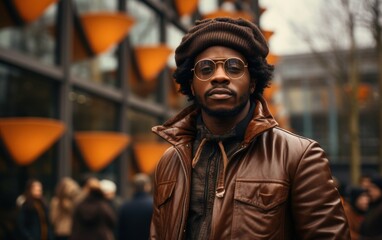 A confident Afro man in a stylish leather jacket and sunglasses looks directly at the camera on a busy city street