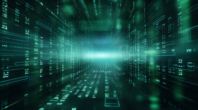 3D-rendered digital binary matrix backdrop illustrating scientific data network's connectivity, complexity, and digital data flow.
