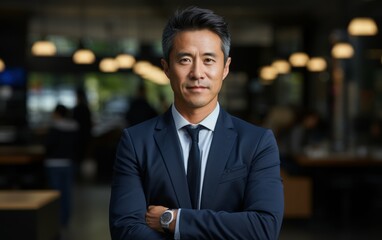 A portrait of a confident Asian CEO with a warm smile, standing in an office setting. He is wearing a blue suit and a tie, with his arms crossed
