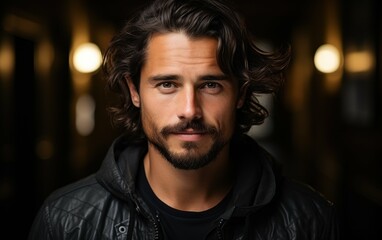 Obraz premium A handsome man with long brown hair and a goatee smiles confidently, wearing a black leather jacket. The backdrop is a blurred city scene with lights