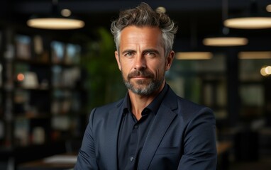 Obraz premium A portrait of a confident middle-aged businessman with a beard and graying hair, smiling in a modern office setting. He is wearing a dark blue suit jacket and a black shirt