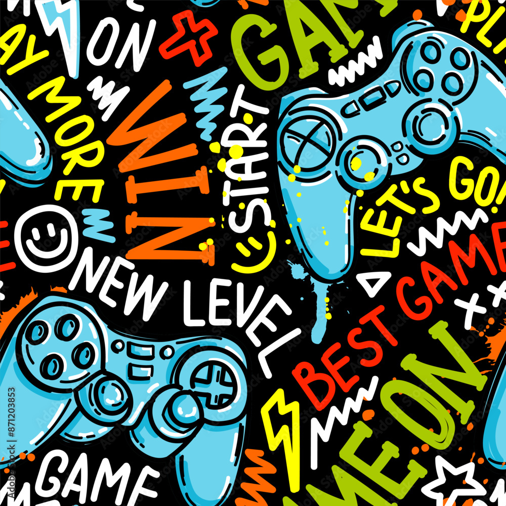 Aufkleber seamless abstract pattern with joystick game and graffiti words. bright colorful vector print for bo