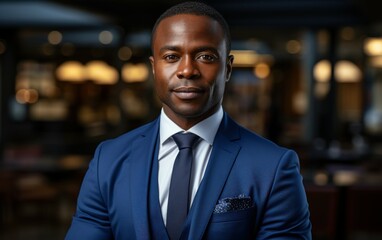Portrait of a confident middle-aged black businessman in a blue suit standing inside a restaurant