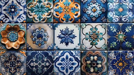 Tiled background with oriental ornaments. Blue Islamic tile wallpaper or mural background. High quality AI generated image