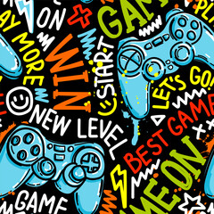 Obraz premium Seamless abstract pattern with joystick game and graffiti words. Bright colorful vector Print for boys.
