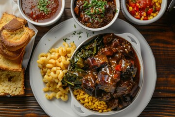Overhead shot of oxtails with mac n cheese corn bread and collard greens