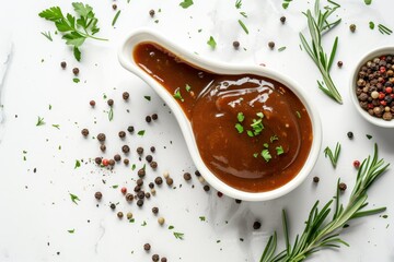 Overhead view of sauce with herbs and spices in gravy boat on white surface