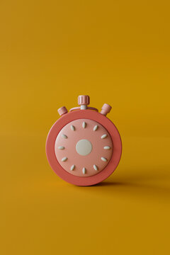 3D Render of Coral Pink Stopwatch on Yellow Background