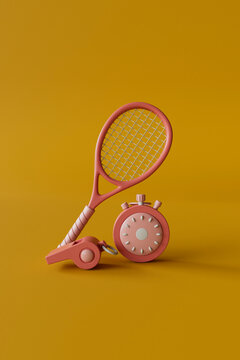 3D Render of Tennis Racket, Stopwatch, and Whistle on Yellow Bac