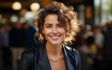 Obraz premium A senior businesswoman with curly brown hair smiles happily while standing in an office setting