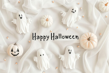Happy Halloween greeting with cute ghosts and pumpkins on white minimalistic fabric background