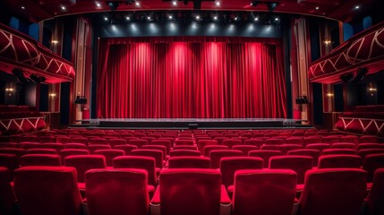 Theater scene interior with balconies and seats. Classic theater stage with a red curtain