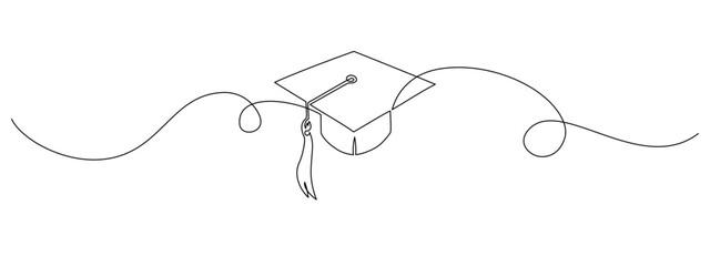 One continuous line drawing of graduation cap. Student and college hat symbol in simple linear style. Education and academic degree concept in editable stroke. Doodle vector illustration