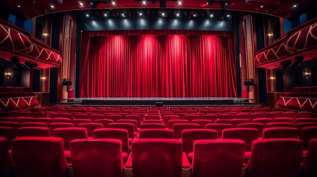 Theater scene interior with balconies and seats. Classic theater stage with a red curtain