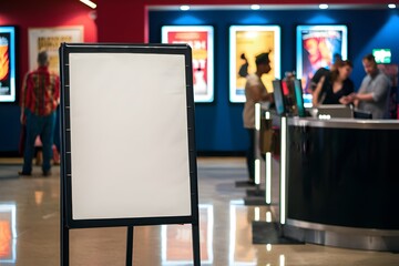 Cinema lobby with blank signboard, E TICKET counter, and movie posters