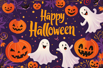 Happy Halloween with ghosts and pumpkins colorful illustration on dark purple background