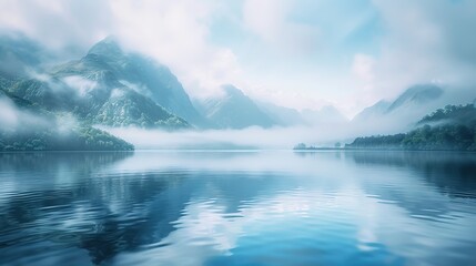 Serene Lake Reflection with Misty Mountains - Peaceful Nature Background