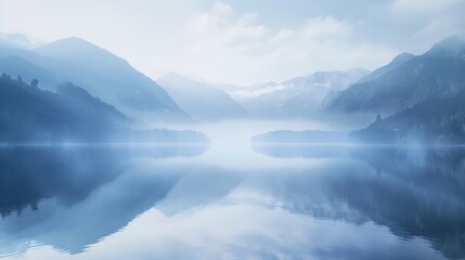 Serene Lake Reflection with Misty Mountain Backdrop - Tranquil Nature Background