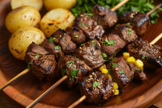 Peruvian skewered beef heart with potatoes and corn anticuchos
