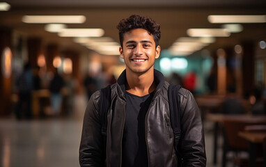 Fototapeta premium A young Indian student stands in a university hallway, smiling brightly while looking at the camera. He is wearing a black leather jacket and has a backpack on