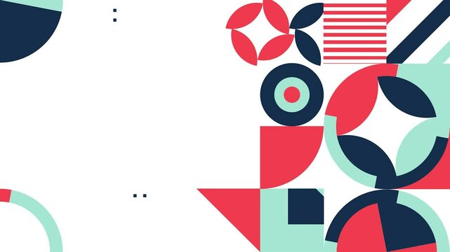 Geometric minimalistic background. Moving banner with colorful geometric figures. Pattern and ornament in swiss style. Creativity and art. Trendy collage and leaflet. Flat animated graphics