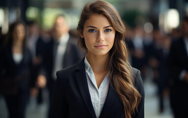 A young woman in a sharp recruitment suit confidently stands out against a blurred background of bustling office workers