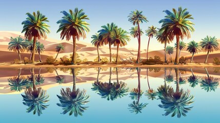 Serene Desert Oasis - Palm Trees and Tranquil Water Reflections