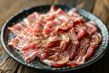 Pork ears sliced and seasoned plated