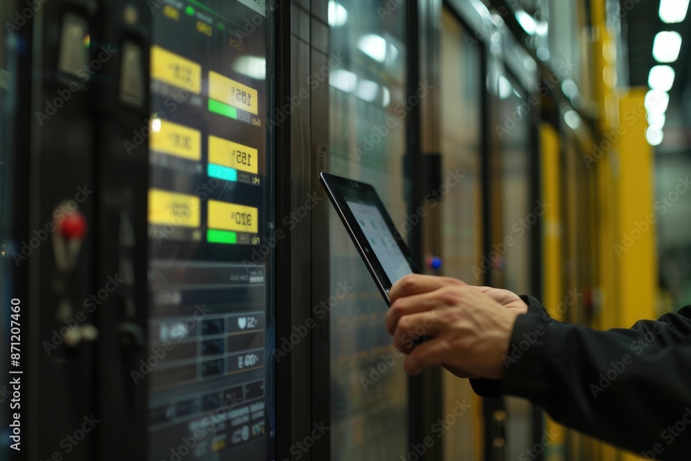 Poster close up of smart project manager hands looking tablet while checking product at warehouse. start up
