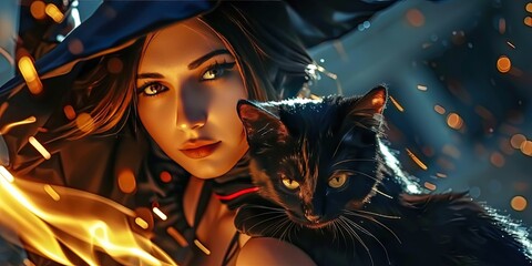 Fototapeta premium Young female witch holding her black cat