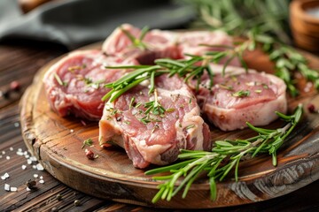 Pork meat with herbs on wooden plate concept of raw pork neck steaks