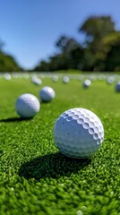 Naklejka premium Close-up of golf balls on a lush green field with a blue sky background