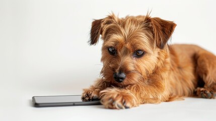 Norfolk Terrier dog with a smartphone on white background