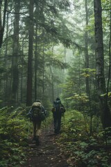 Two hikers with backpacks walk through a dense, misty forest trail, surrounded by tall trees and lush greenery.