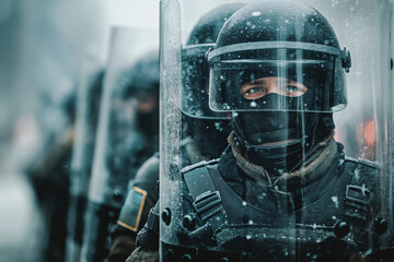A group of riot police officers standing in formation with protective shields and helmets, ready for action in a cold, snowy environment during a demonstration.