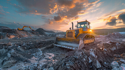 A large yellow bulldozer on a construction site pushes dirt against the backdrop of a sunset with space for text or inscriptions
