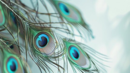 Fototapeta premium Close up of peacock feathers on a soft white backdrop Festive carnival banner