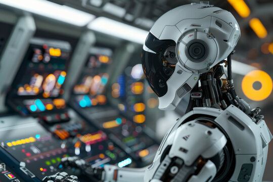 Advanced humanoid white command center robot with screens and control panels
