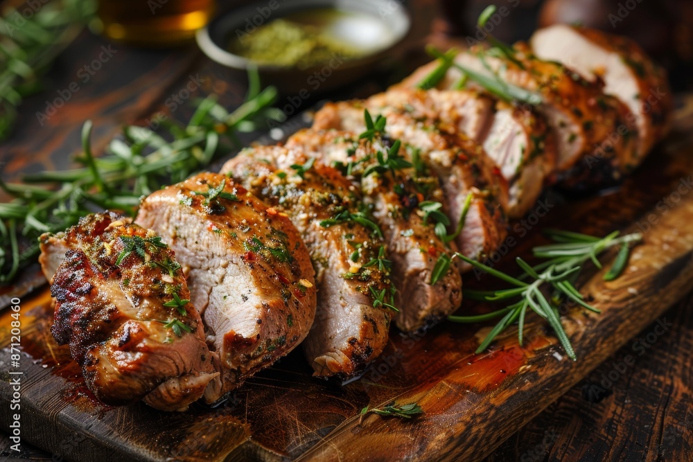 Poster pork tenderloin cooked at home with spices and herbs