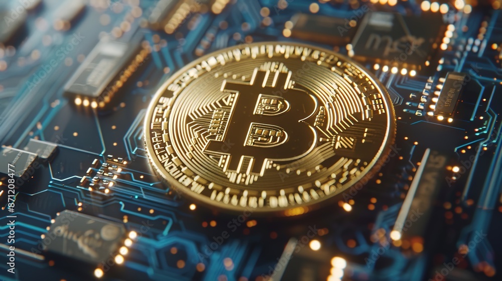 Poster shiny golden bitcoin on modern digital tablet - cryptocurrency and blockchain technology concept