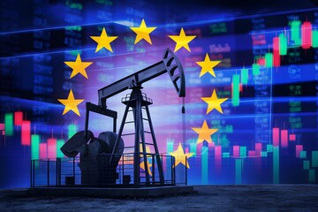 Oil pumpjack against digital EU stock market screen, economic ties symbol