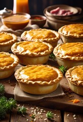 delicious savory meat pies rich traditional comfort food concept, buttery, crust, gravy, homemade, pastry, flavorful, filling, british, cuisine, hearty