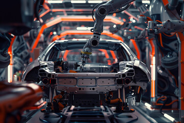 A robot arm working on a car chassis in a car factory. Automatic robot arms on a conveyor belt collect cars up close
