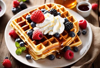 fluffy waffles whipped cream delightfully topped breakfast indulgence, airy, sweet, delicious, tasty, belgian, dessert, treat, brunch, sugary, delectable, syrup