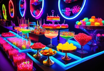 vibrant neon dessert table illuminated cocktails, glowing, bright, colorful, lights, luminous, light, lighting, lighted, glow, modern, trendy, stylish, elegant, fancy
