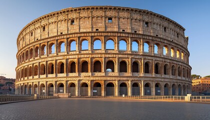 The Colosseum stands under the blue sky, showcasing its historic Roman architecture and grandeur Iconic for its historical significance