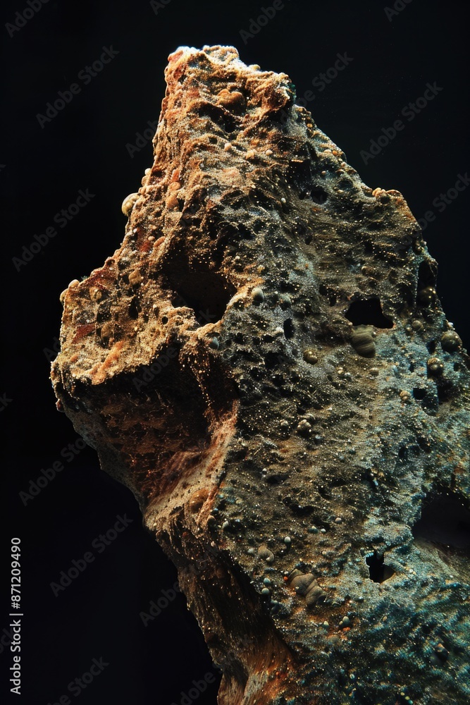 Poster a close-up view of a rock on a dark background, suitable for use in designs where a simple yet strik