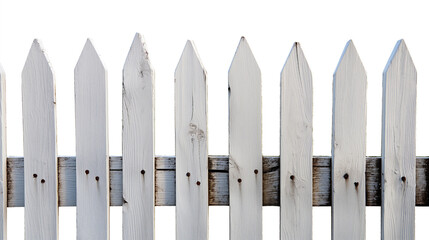 Fototapeta premium White Wooden Picket Fence Close-Up - Classic Rustic Design with Visible Wood Grain and Texture - Ideal for Home, Garden, and Outdoor Decor Themes