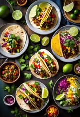 colorful spicy tacos served fresh lime wedges plate, mexican, appetizing, tasty, vibrant, zesty, flavor, seasoning, garnish, dish, presentation, dining